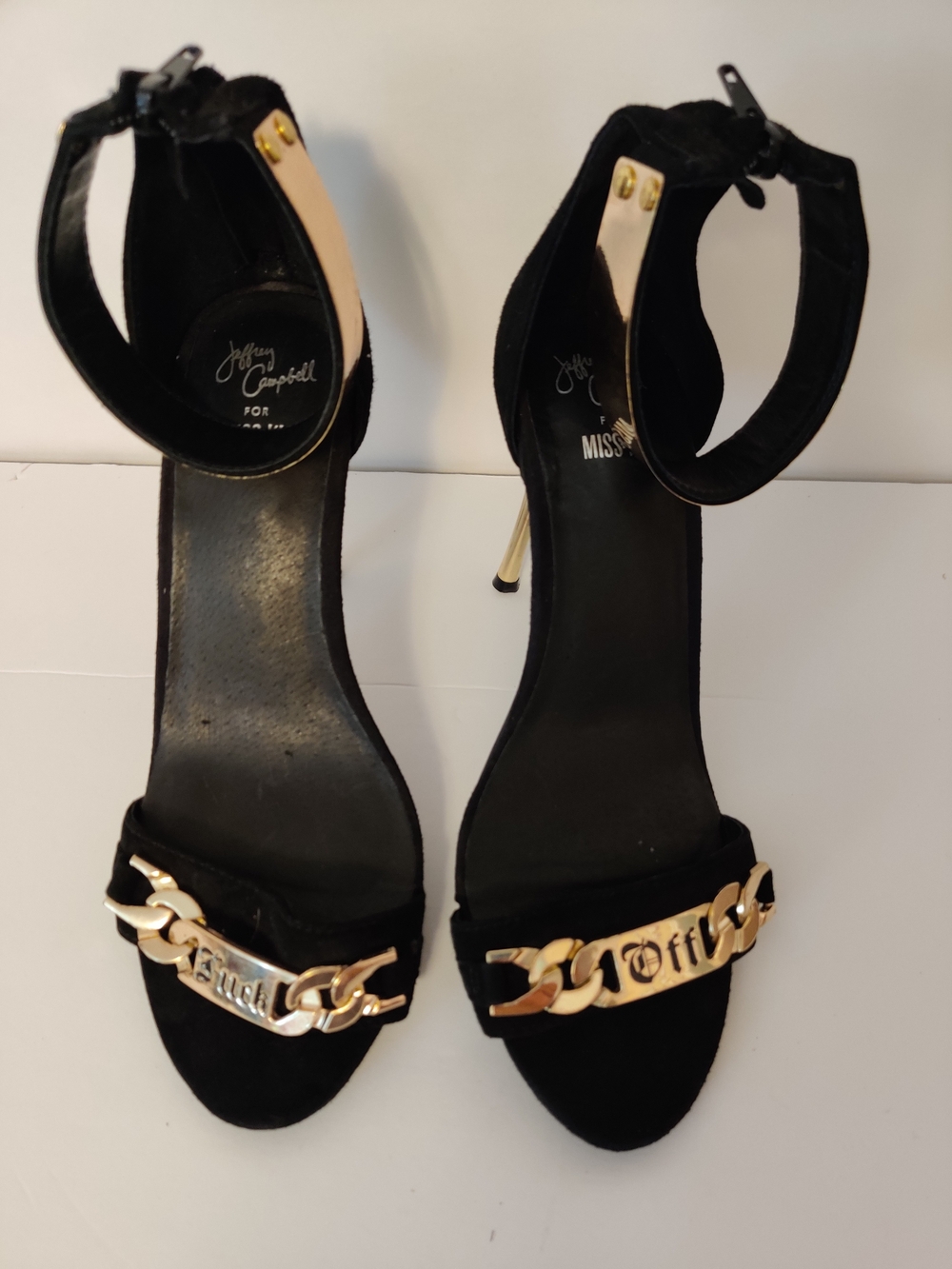 Jeffery Campbell Black Suede Ankle-Strap Heels with Gold Chain Accent 8 F Off